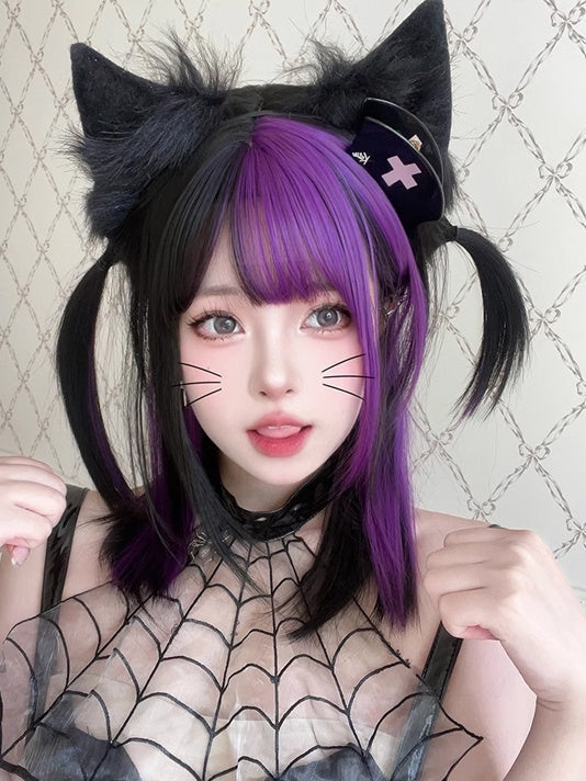 Black And Purple Highlights 47CM Above Bust Length Straight Wig With Bangs
