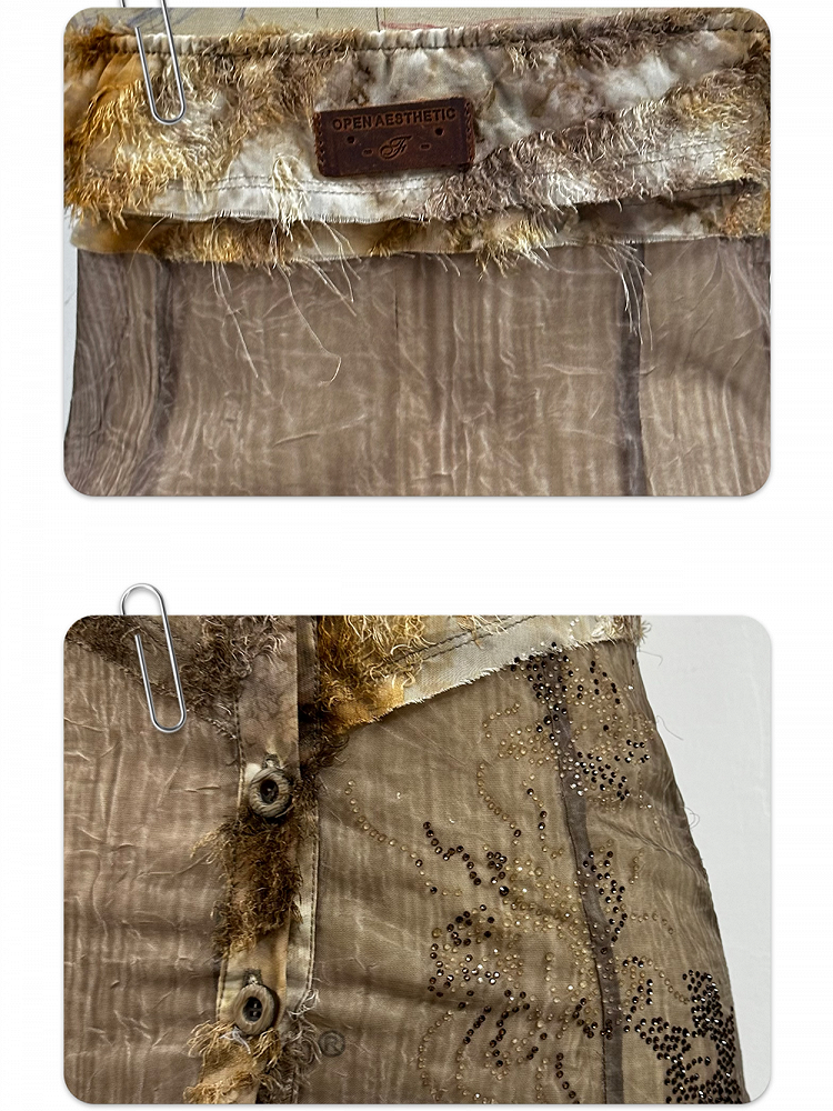 Punk Hem Fleece Button Patchwork with Top Detail Khaki Rhinestone Halter