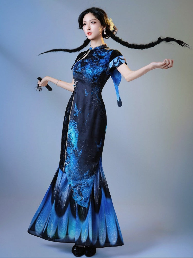 Satin Black & Blue Butterfly Cheongsam Long Dress with Floral Print - sijinstudio