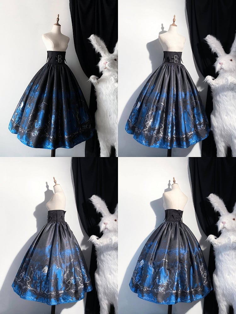 Lolita Corset Waist High Gothic Belt Skirt Black Blue