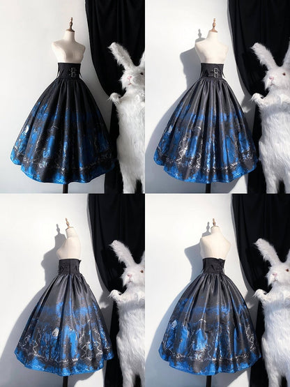 Lolita Corset Waist High Gothic Belt Skirt Black Blue