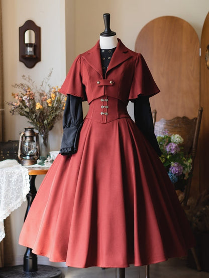 Roter langer Herbst-Vintage-Rock mit abnehmbarem Neckholder-Träger und hoher Taille