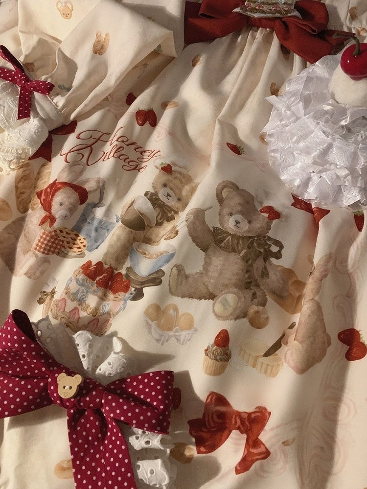 Peter Pan Collar Bear & Cake Print OP Dress with Bow - Honey Village