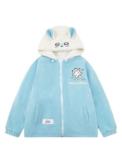 Cartoon-Druck mit Kapuze blau Eichhörnchen Mantel Ohren Fleece