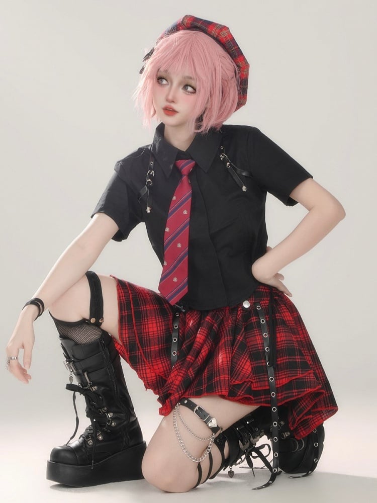 Mini Straps Red Skirt With Plaid Black Pleated Metal Punk Buckle