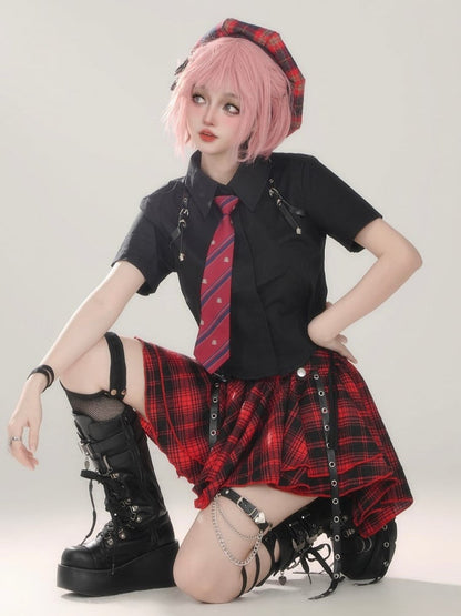 Mini Straps Red Skirt With Plaid Black Pleated Metal Punk Buckle