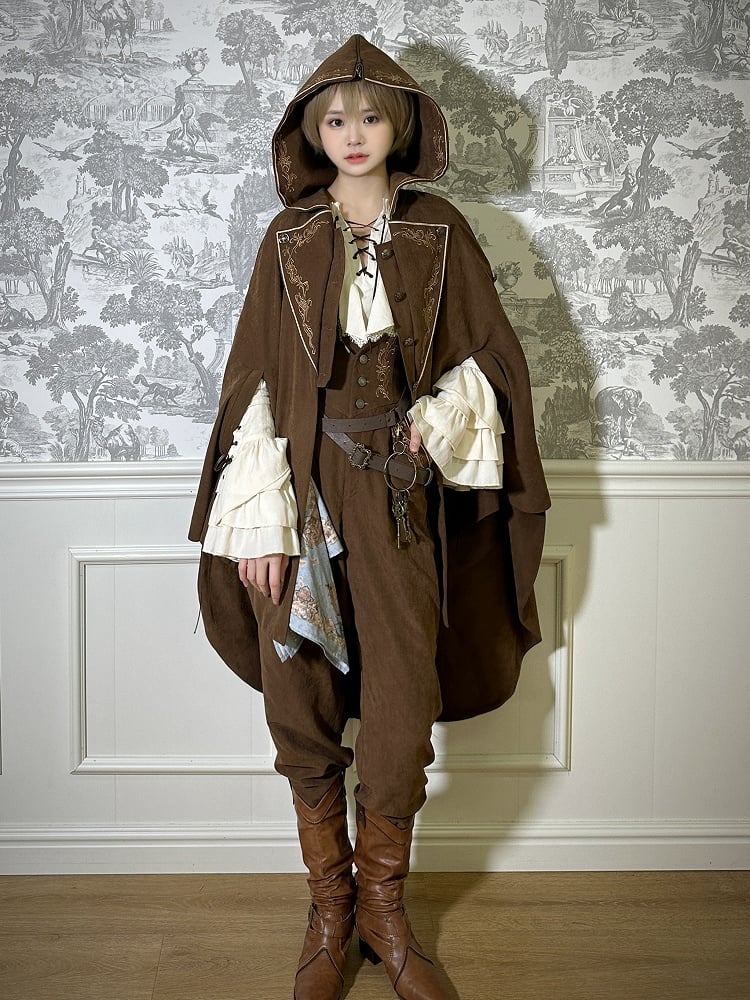 Embroidery Cloak Lolita Zip Coffee Detail Hood Ouji