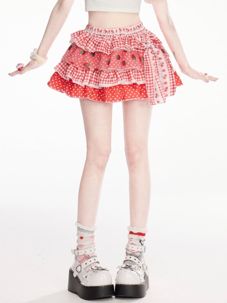 スカート スイート ポルカドット ティアード ストロベリーレッド チェック柄