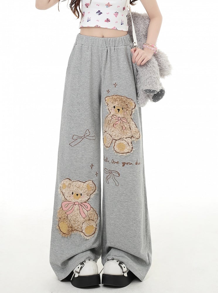 Kaffee/Graue Plüschhose mit Teddybär-Applikation und geradem Bein