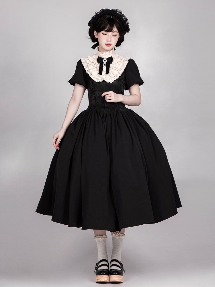 Black Long Version Boned Waist Square Neckline Dress Elegant Lolita Full Set