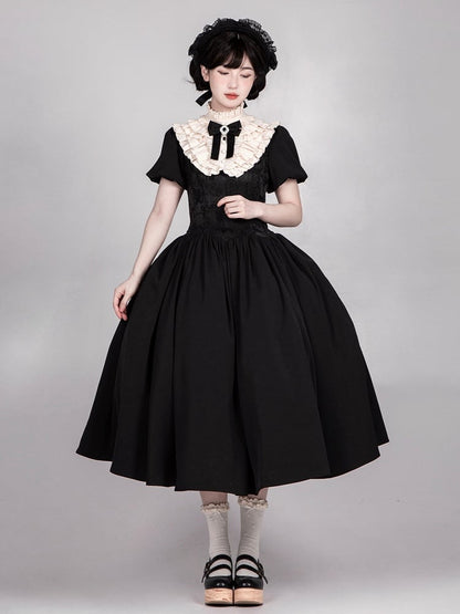 Black Long Version Boned Waist Square Neckline Dress Elegant Lolita Full Set