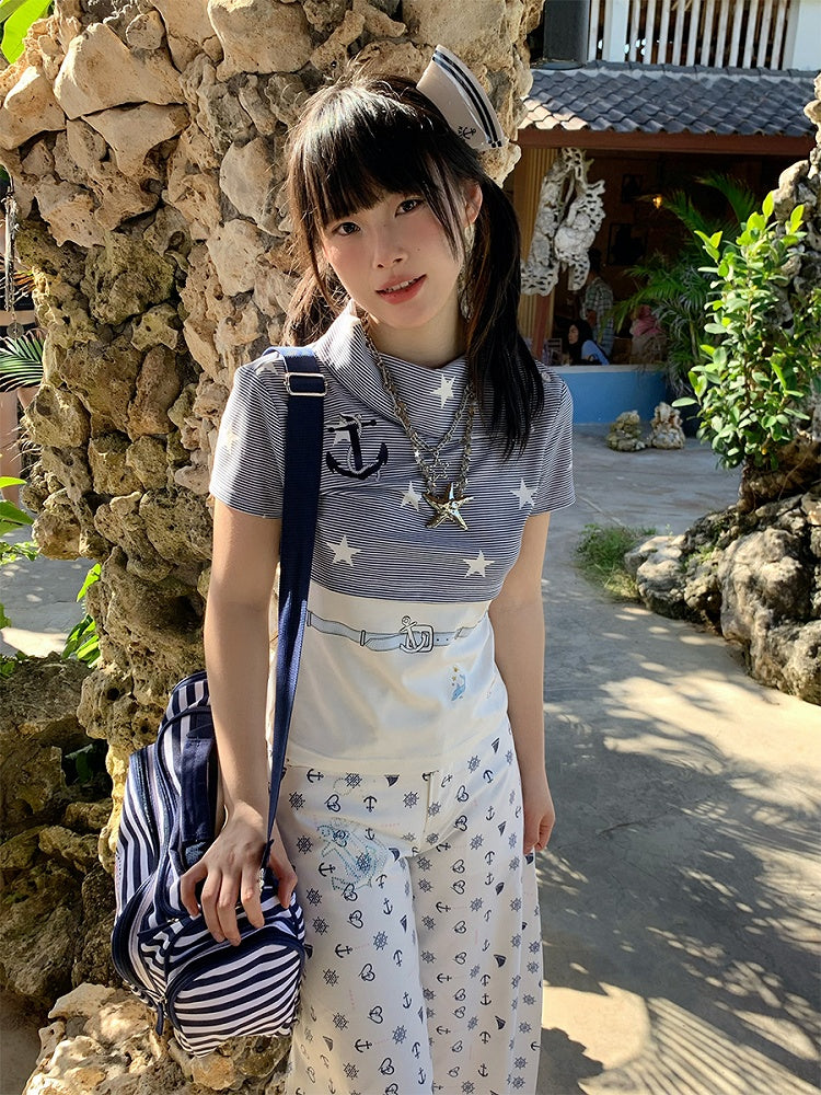 Star Print T-Shirt Blue with and White Stripes Navy Style