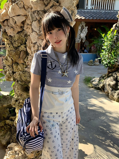 Star Print T-Shirt Blue with and White Stripes Navy Style