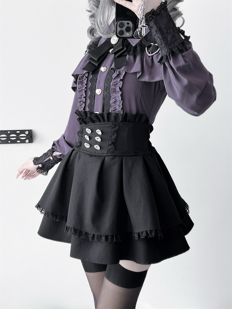 Purple Shoulder with Blouse: Dark Buckle Long Button Kei Heart Sleeve Jirai Front Cutout