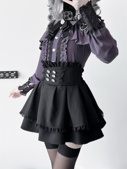 Purple Shoulder with Blouse: Dark Buckle Long Button Kei Heart Sleeve Jirai Front Cutout