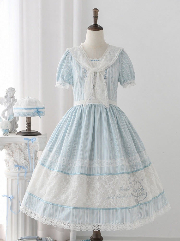Blue Striped Lace OP with Bow Tie - Liz Bird