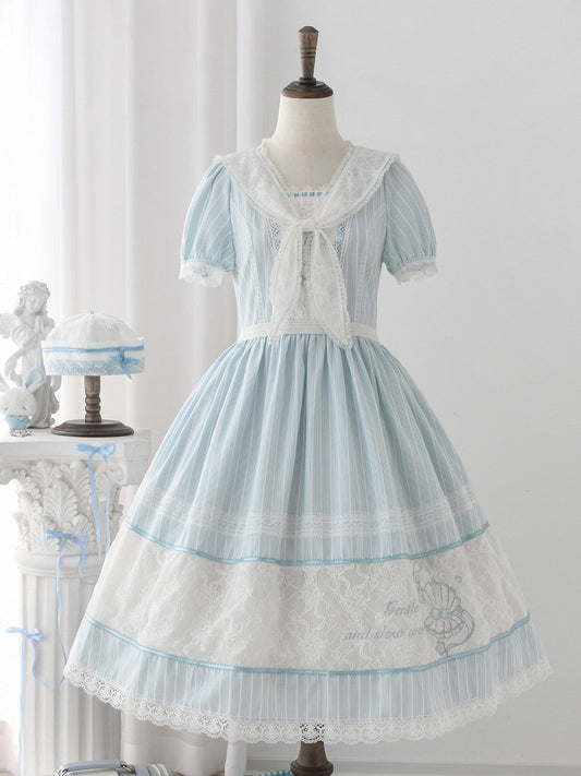 Blue Striped Lace OP with Bow Tie - Liz Bird