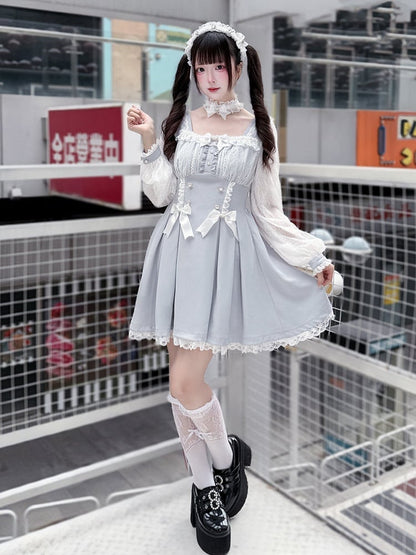 Kei Square Dress Dusty Lace Long-Sleeve Jirai Bow Neck Blue