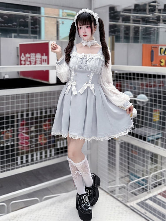 Kei Square Dress Dusty Lace Long-Sleeve Jirai Bow Neck Blue