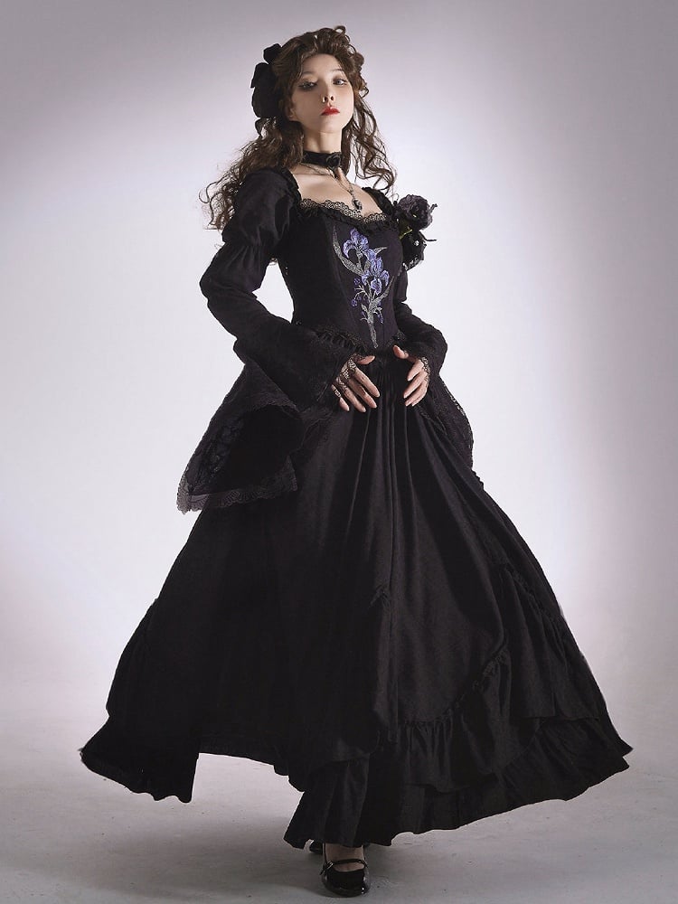 Lolita Black Skirt Dress Drawstring Iris with Gothic Elegant Embroidery