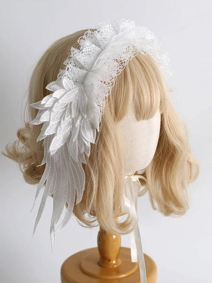 Lolita White/Black - Design Winged Lace Sheer Hairband Ruffled 2-Color