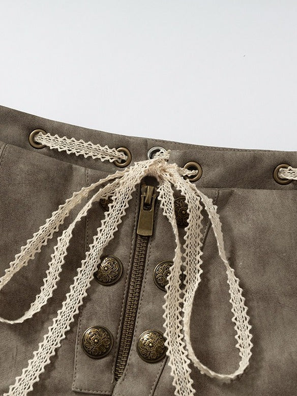 Khaki Faux Leather Shorts with Lace Trimmed Hems - NO ROMANCE