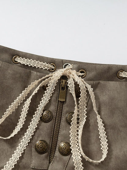 Khaki Faux Leather Shorts with Lace Trimmed Hems - NO ROMANCE