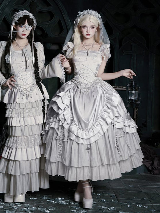 Skirt Silver Necklace Full Top Chain Set Drawstring Lolita - Veil Gothic Corset Head Waist + Boned