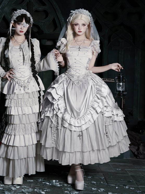 Boned with Design Gothic Silver Drawstring and Waist Cross Lolita Skirt Charm