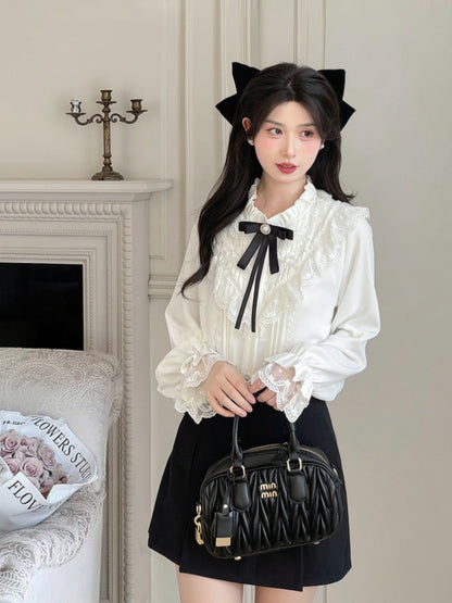 詳細 ブラウス ホワイト シフォン レーストリム 蝶結び フリル