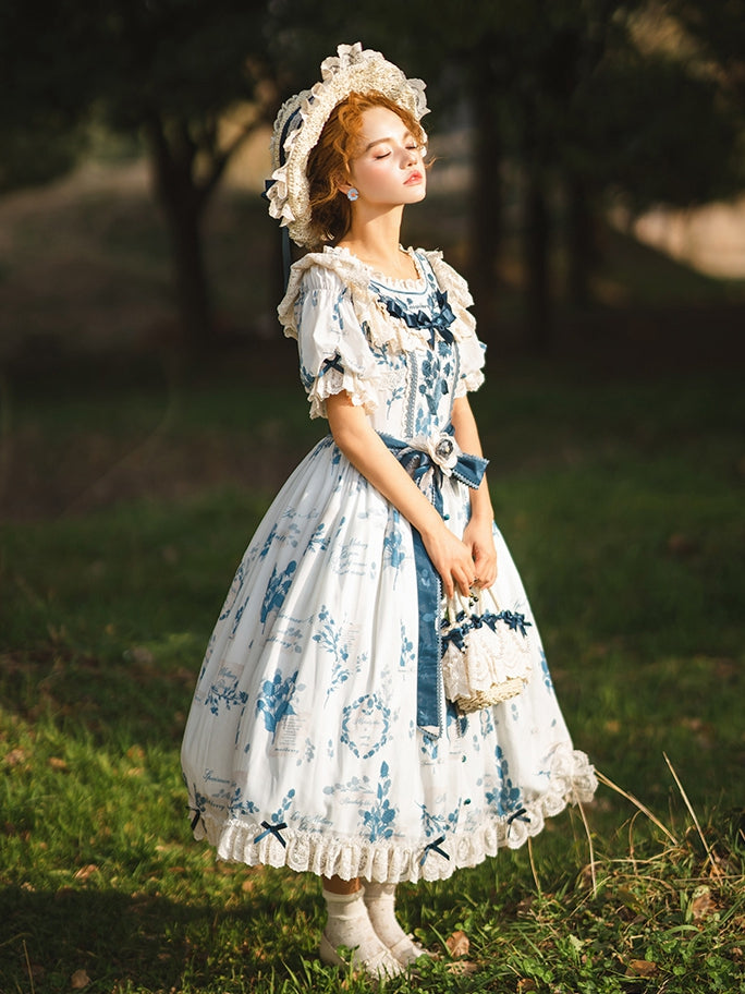 Poetry‌ Print Blue and Sizes Classic Sash Dress Plus with Available Self-tie Elegant Mulberry Lolita