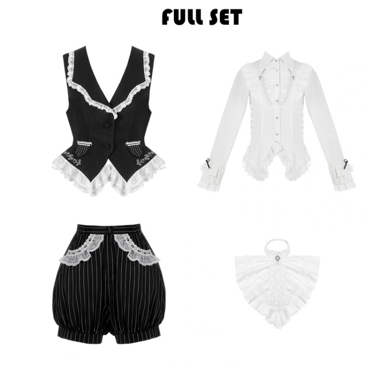 Schwarz-weißes Ouji Lolita-Komplettset: Hemd + Weste + Shorts + Jabot
