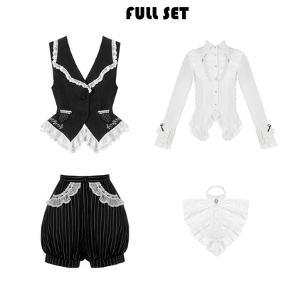 Schwarz-weißes Ouji Lolita-Komplettset: Hemd + Weste + Shorts + Jabot