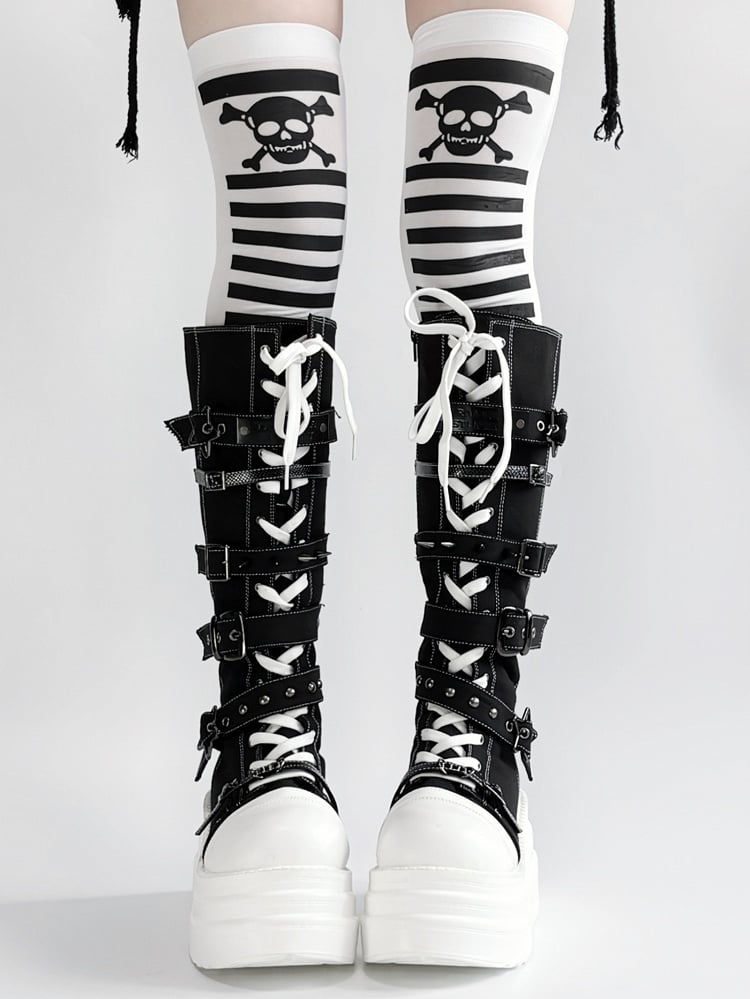 Y2K Canvas Punk Buckle - Black Platform Knee-Highs