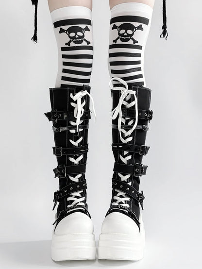 Y2K Canvas Punk Buckle - Black Platform Knee-Highs