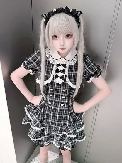 Black White Jirai Kei Plaid Fake Two-Piece Dress with Shorts Set - Puppet Bombs
