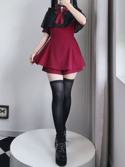 Black Kei Top Lace Set- Tie Detachable Gothic Short Faux Sleeve + Pointed Full Jirai Bow Collar Red Cape Coord Shorts