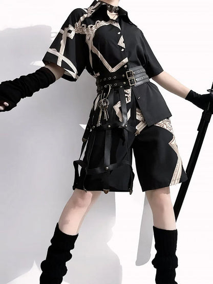 Asymmetrical Shorts Straight-leg Ouji Black Cut Print Lolita