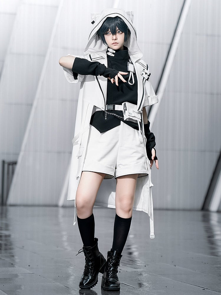 Ouji Hooded Techwear Cat Fashion White Ears Cyberpunk Coat