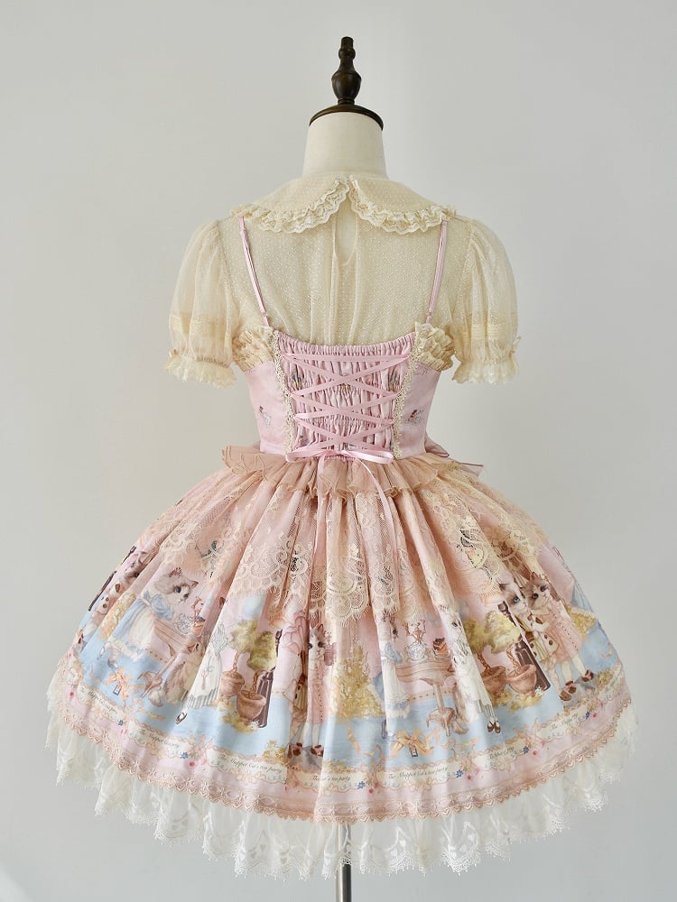 Kitty Korsett Süßes Kleid Mieder Lolita JSK Set Pink Tea Print Volle Party