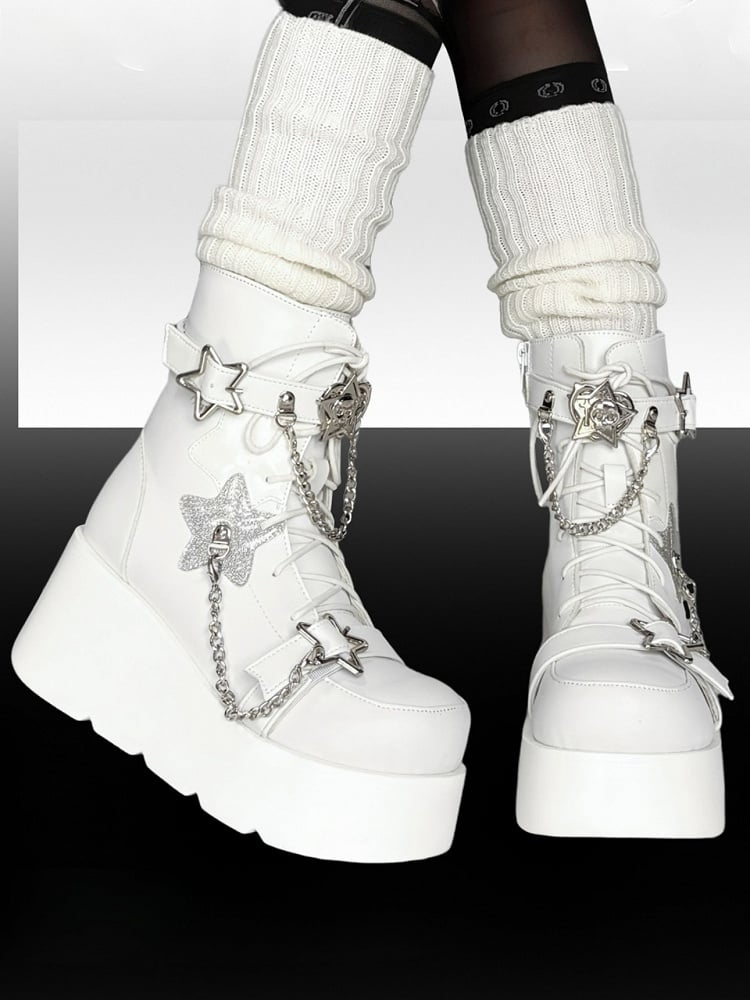PU White Punk Platform Boots - Star Accents, Detachable Chain Charm & Multi-Fastening System
