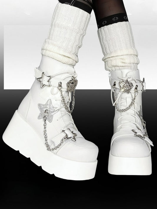 PU White Punk Platform Boots - Star Accents, Detachable Chain Charm & Multi-Fastening System