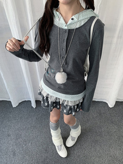 Y2K Dot Wings Patchwork Rhinestone Gray Hooded with Two-piece Polka Top