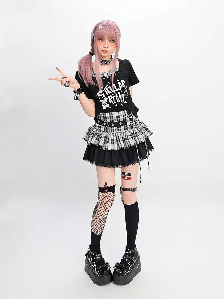Y2K Black Pink/Black  White Plaid Star with Detail Tiered Skirt Lace-up Buckle