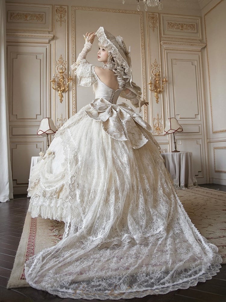 Ruffles Gown Lolita and Version Details Off-Shoulder Hime Hanayome Layered Bow with Champagne Long Lace