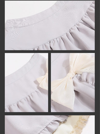Grey Bowknot Details Tiered Skirt Lace Trim