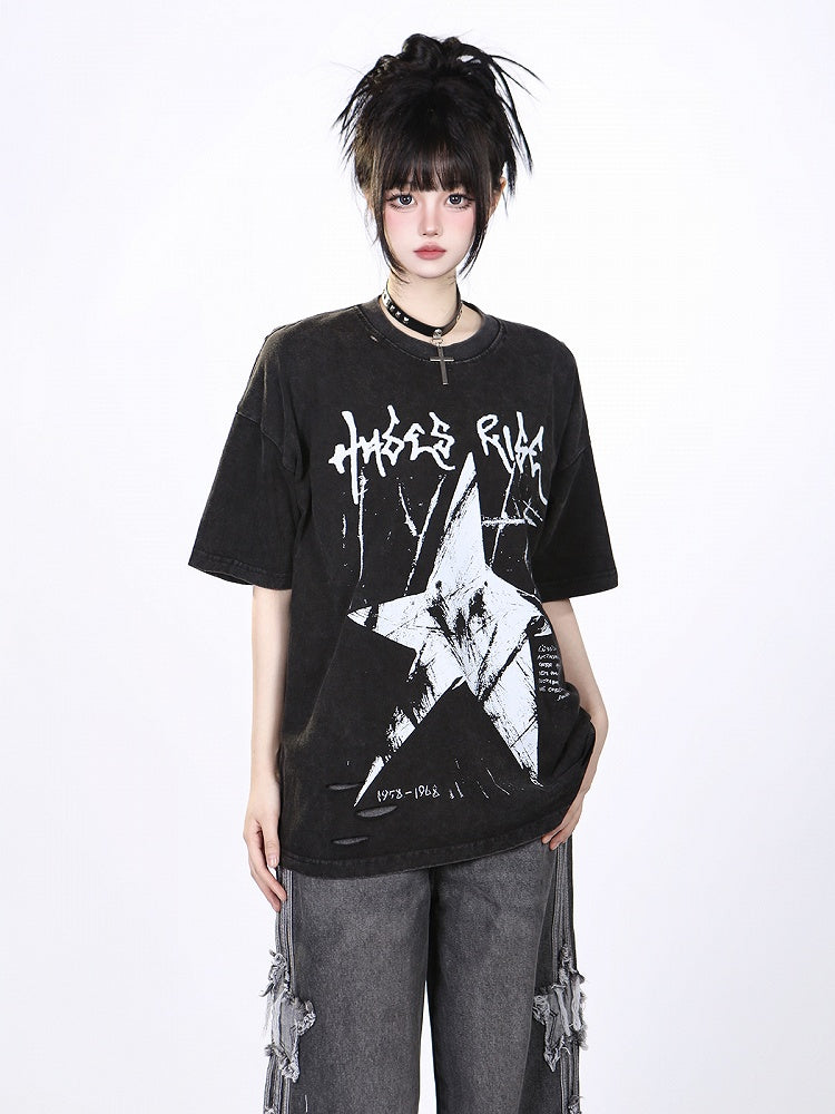 Black/White Vintage Washed Oversized Star Print T-Shirt