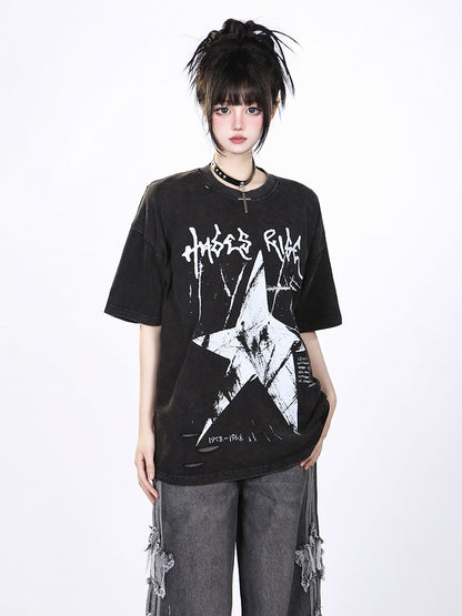 Black/White Vintage Washed Oversized Star Print T-Shirt