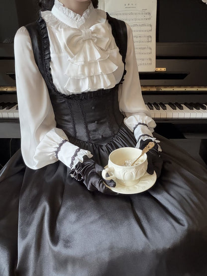 Black Satin Basque Waist Under Bust Classic Lolita JSK - Alice in Wonderland Lolita
