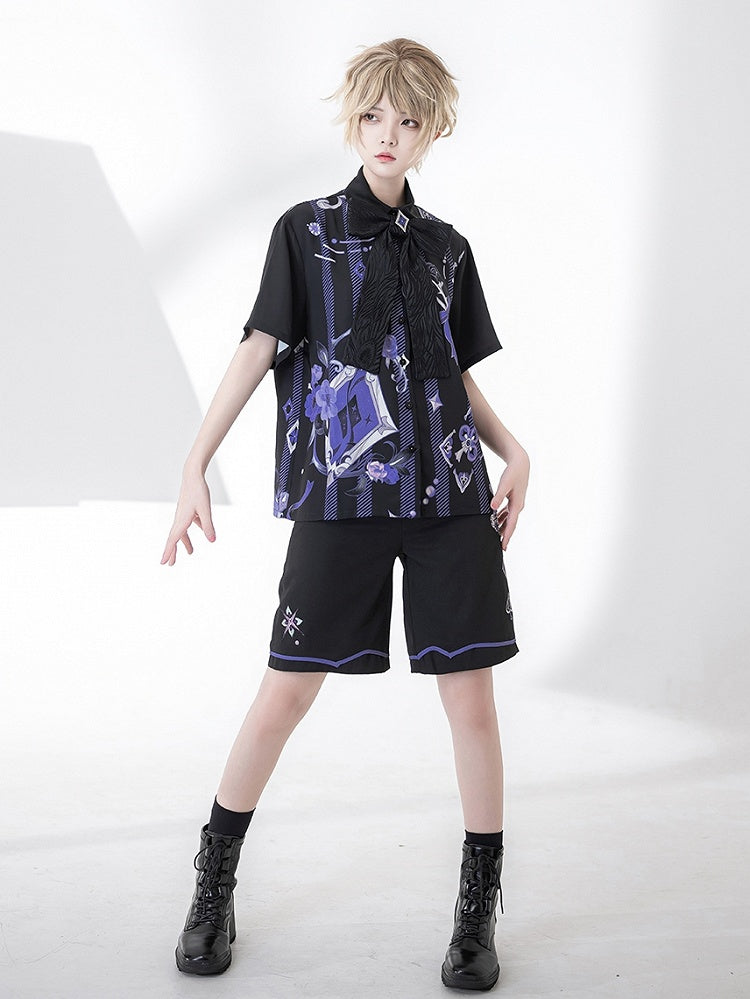 王子ファッションの蝶ネクタイ、マジシャンプリントのローズサマーシャツ、ポーカー